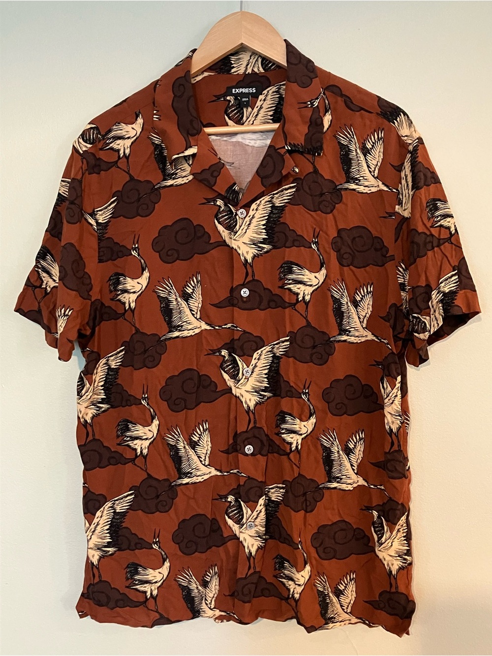 Express Brown and Tan Bird Short Sleeve Button Up Shirt